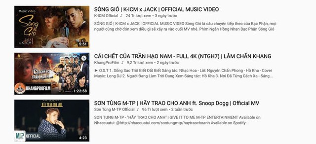 Top trending Youtube Việt Nam lúc đó