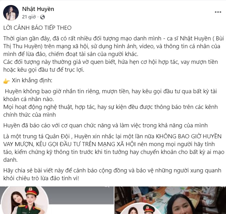 Thông báo cảnh báo của ca sĩ Nhật Huyền