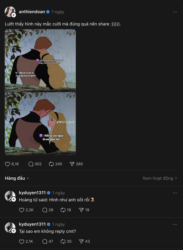 Thiên Ân chia sẻ meme nội dung ghen tuông khiến Kỳ Duyên liên tục 'đứng ngồi không yên'